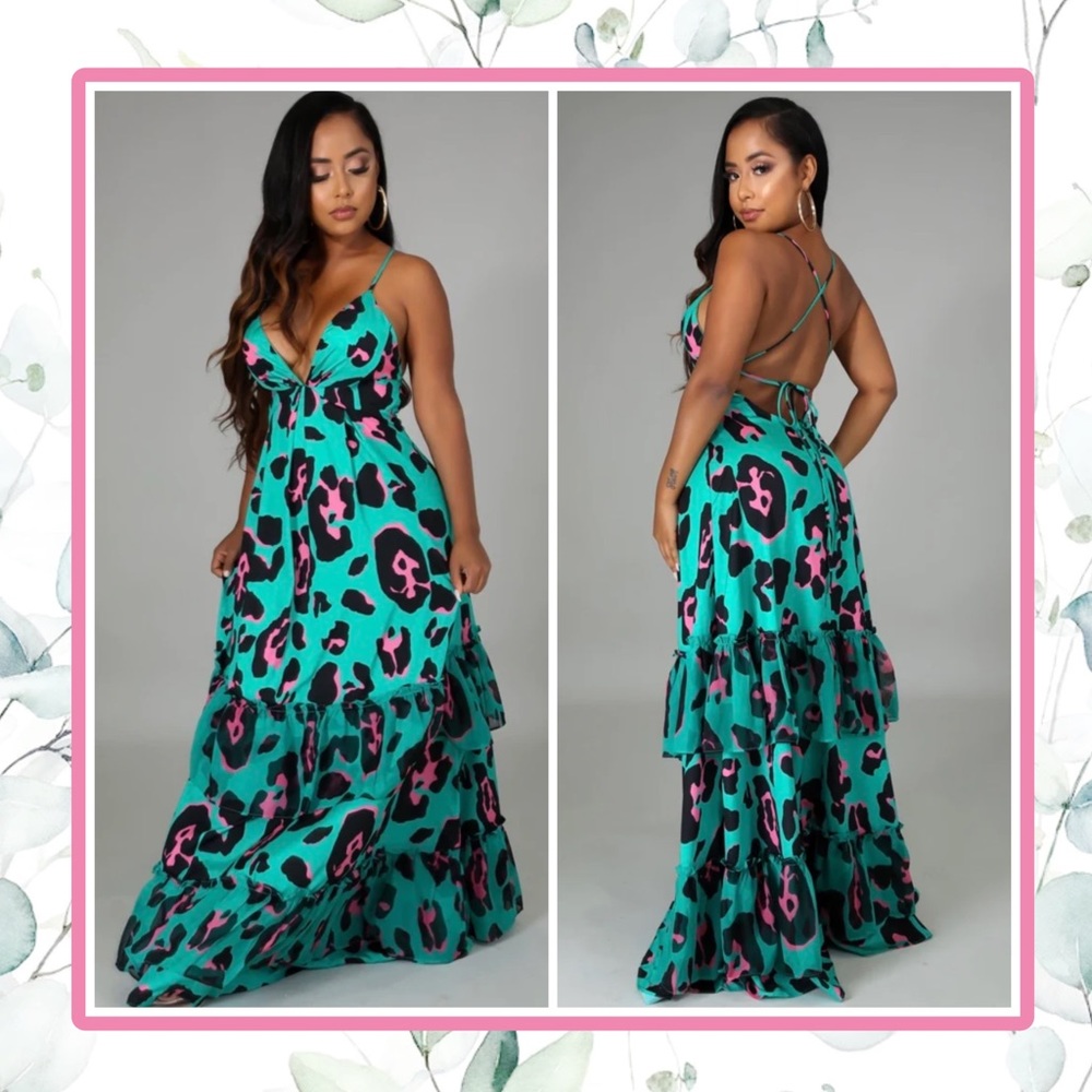🌸 ANIMAL PRINT DRESS MAXI LONG RUFFLE BOTTOM LEOPARD SLEEVELESS V NECK FLARE